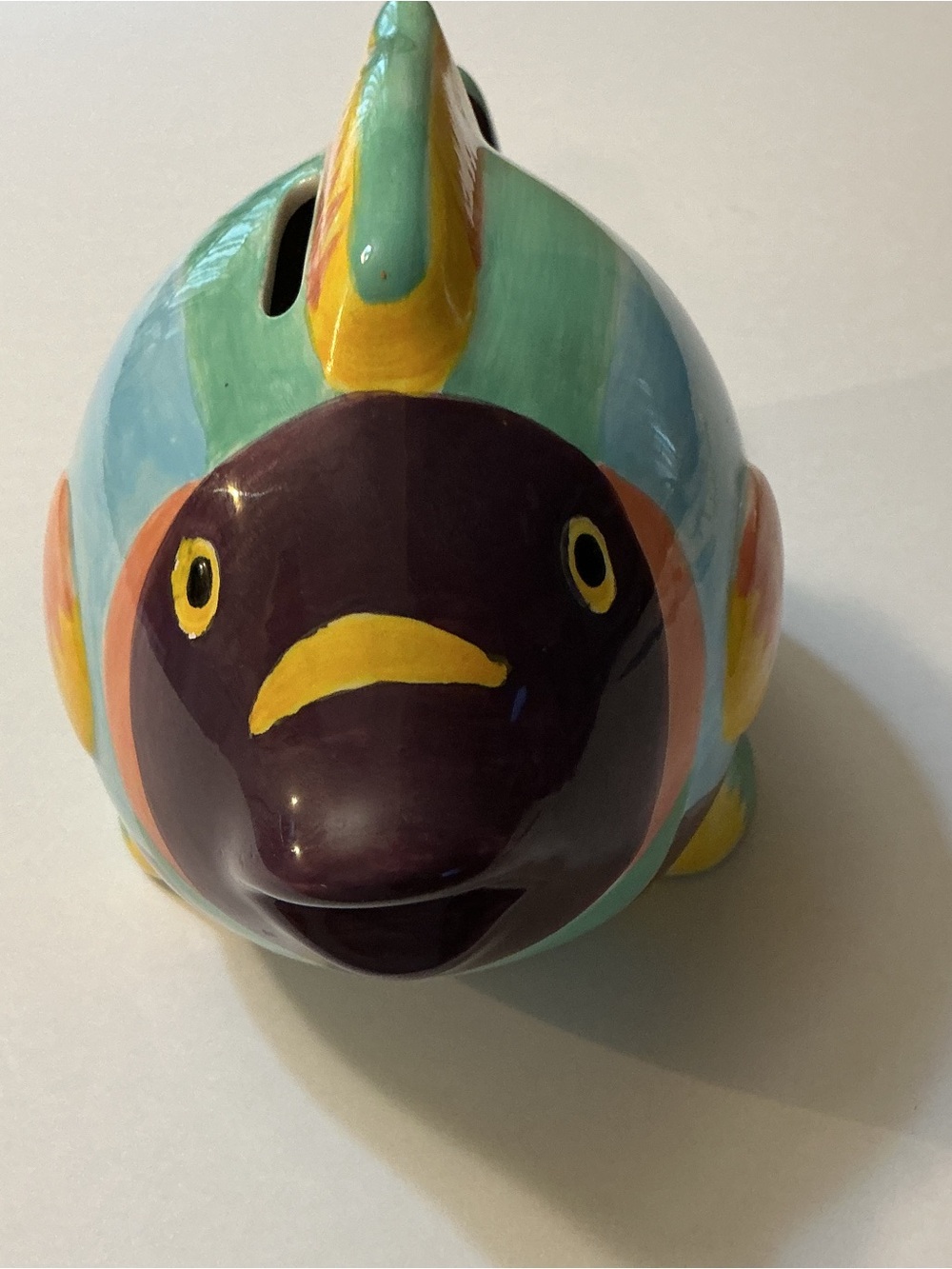 Vintage Hand Painted Ceramic Fish Coin Bank Colorful Folk Art Coaster Decor
